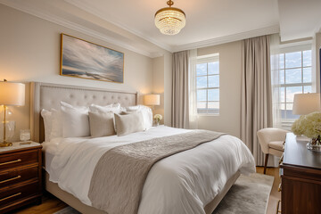 Fototapeta premium minimalist bedroom with soft, neutral colors, natural light, promoting a sense of calm.
