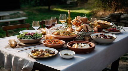 Outdoor table displays Mediterranean meal in styled composition golden hour. AI generated