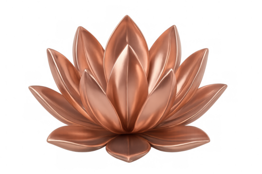 Polished copper lotus blossom, intricate petal details revealing delicate metallic craftsmanship on transparent backdrop