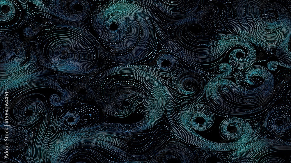 Poster abstract design with swirling patterns in teal and dark blue.
