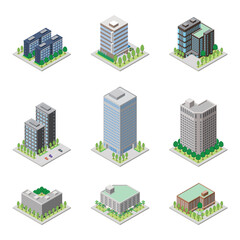 建物の立体的なイラスト. アイソメトリック画法.