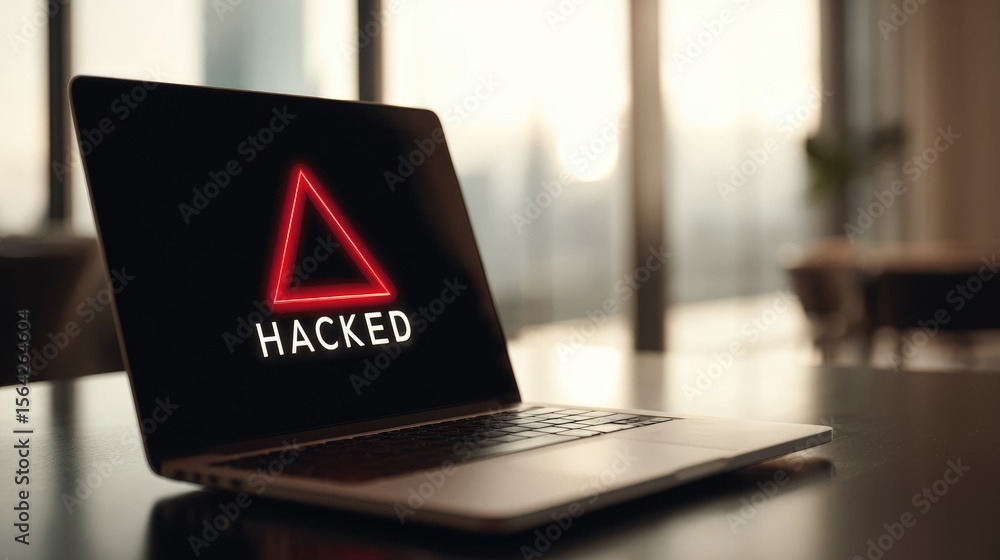 Poster cybersecurity breach: a close-up view of a laptop displays a stark warning of being hacked, casting 