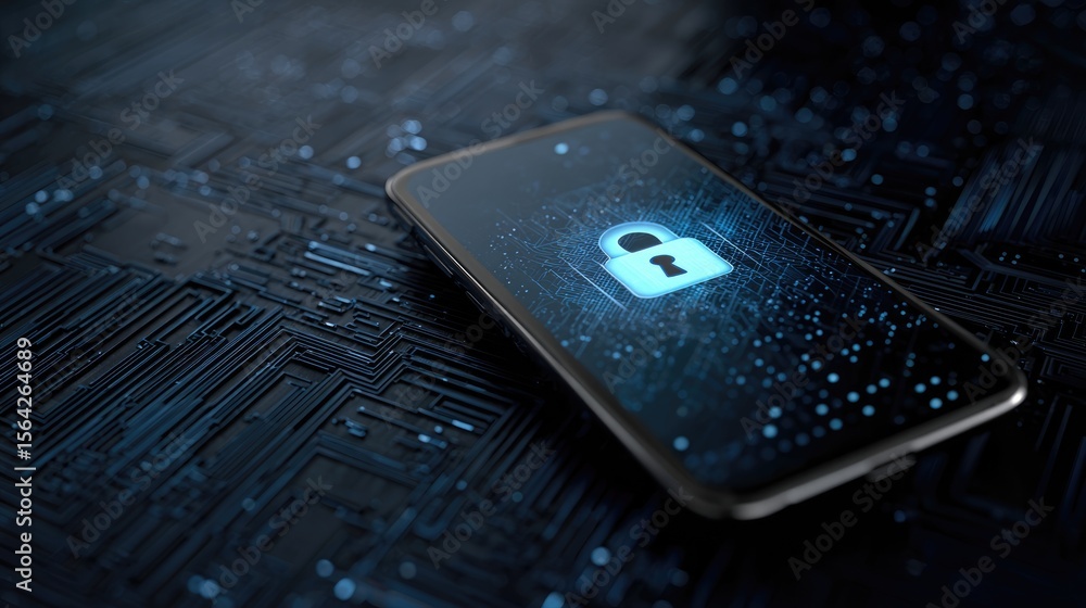 Poster secure device: a smartphone displays a digital lock symbol on its screen, symbolizing data security 