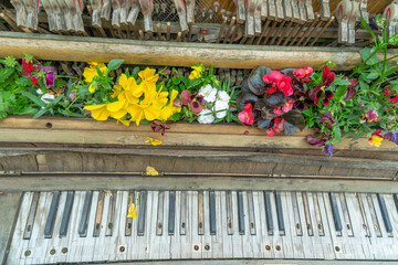 Old piano transformed into a vibrant flower garden on a city street. Urban art installation...