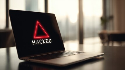 Cybersecurity Breach: A close-up view of a laptop displays a stark warning of being hacked, casting a sense of unease and digital vulnerability. 