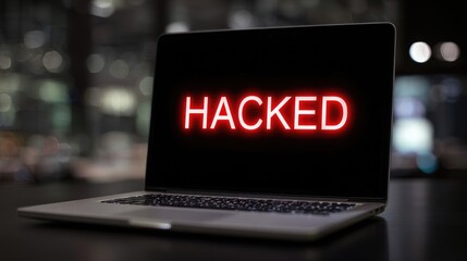 Cyber Security Breach: A close-up shot of a laptop displaying the ominous word "HACKED" in glowing red letters, signaling a data breach or cyber threat.