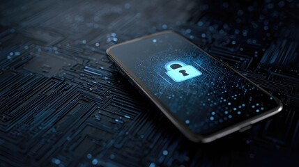 Secure Device: A smartphone displays a digital lock symbol on its screen, symbolizing data security and privacy. Surrounded by a dark, high-tech background