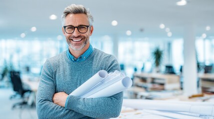 Confident Architect: A smiling architect confidently holds blueprints, showcasing expertise and success in a modern office setting.