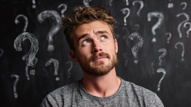 Contemplative Musings: A thoughtful individual, with a curious look in his eyes, is deep in thought with question mark swirling around him.