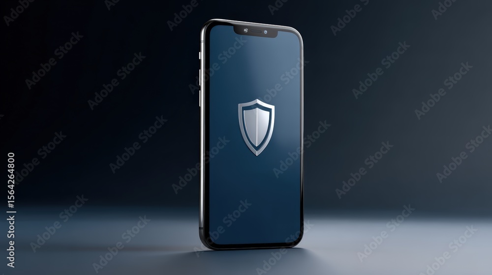 Poster cybersecurity concept with smartphone displaying security shield on screen for online protection des