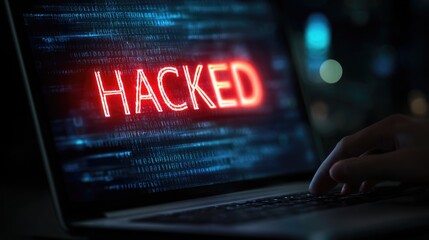 Digital Breach: A close-up shot of a laptop displaying a "HACKED" alert, illustrating the danger of cyber threats and the urgency of digital security.
