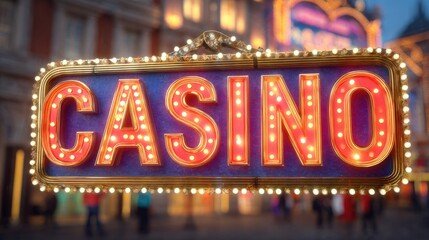Casino Neon:A sign of an inviting casino glows warmly against the night sky.