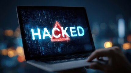 Laptop Hacked Alert: A close-up shot of a laptop screen displaying a stark "Hacked" warning, symbolizing a critical cybersecurity breach.  The image evokes a sense of urgency and vulnerability.