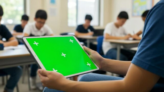 Student showing a green-screen tablet in a classroom Camera pushes in from over the shoulder Desk shadows shift subtly and window light changes across the notebook nearby