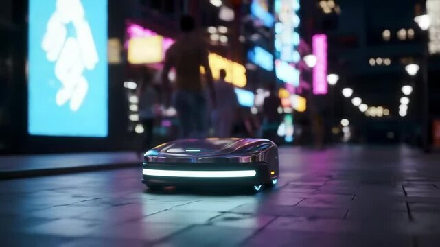 Futuristic Car Driving Through a Cyberpunk City with Bright Neon Lights at Night.