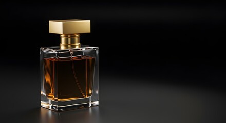 Elegant Square Perfume Bottle with Amber Liquid and Gold Cap on Dark Background – Luxury Fragrance Product for Beauty, Skincare, Cosmetics, Fashion, Grooming, and Premium Scent Photography Concepts