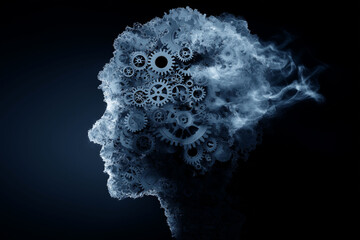Data scientist big data decision. Abstract gears turning inside a human head silhouette image.