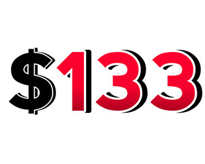 Bold red number $133 with a black dollar sign in a 3D style, featuring white and black outlines, creating a shadow effect on transparent background.
