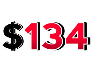 Bold red number $134 with a black dollar sign in a 3D style, featuring white and black outlines, creating a shadow effect on transparent background.
