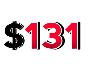 Bold red number $131 with a black dollar sign in a 3D style, featuring white and black outlines, creating a shadow effect on transparent background.
