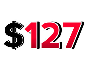 Bold red number $127 with a black dollar sign in a 3D style, featuring white and black outlines, creating a shadow effect on transparent background.