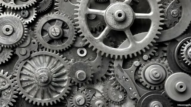 Intricate Collection of Metal Gears and Cogs in Grayscale
