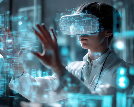 Data scientist machine learning optimization. Data scientist using VR headset for data visualization.