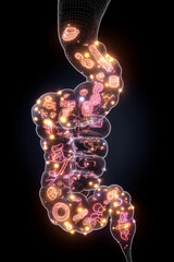 Resistant starch. Human digestive tract illustration with fiber icons glowing vividly.
