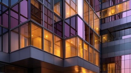 Modern glass architecture reflecting warm urban light with amber hues. AI generated.