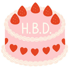 Vintage Round Cake Pink with Strawberry, Whipped Cream, Heart Shape and Happy Birthday Message.