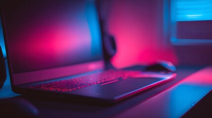 Laptop on Desk Glowing Pink and Blue Light