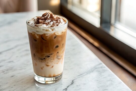 Iced coffee drink with whipped cream and cocoa powder on a marble table by a window - Powered by Adobe