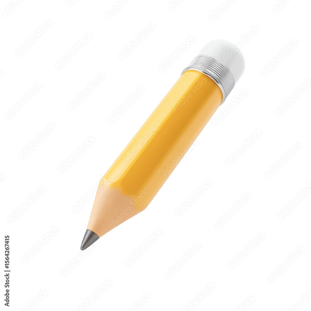 Poster a high quality 3d render of a short yellow pencil with a sharpened graphite tip and a white eraser o