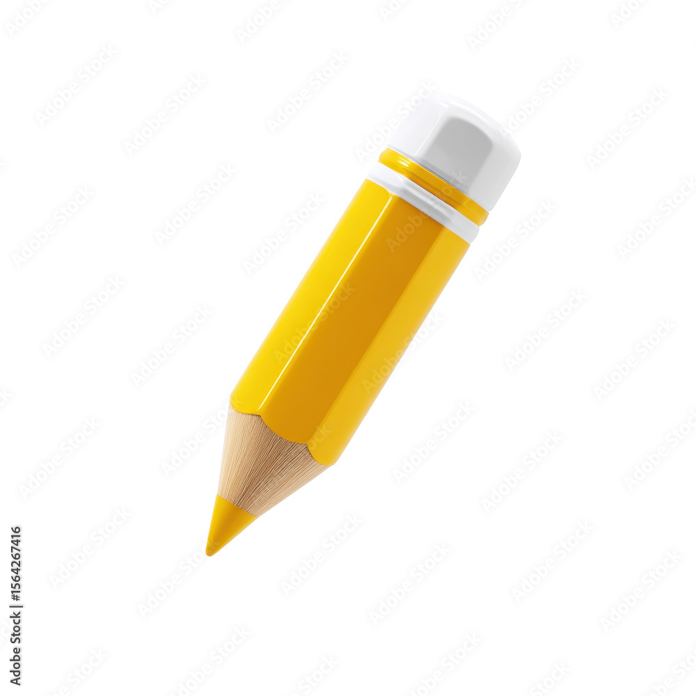 Poster a bright yellow 3d icon of a pencil with a white eraser and a golden band appears to float in a tran