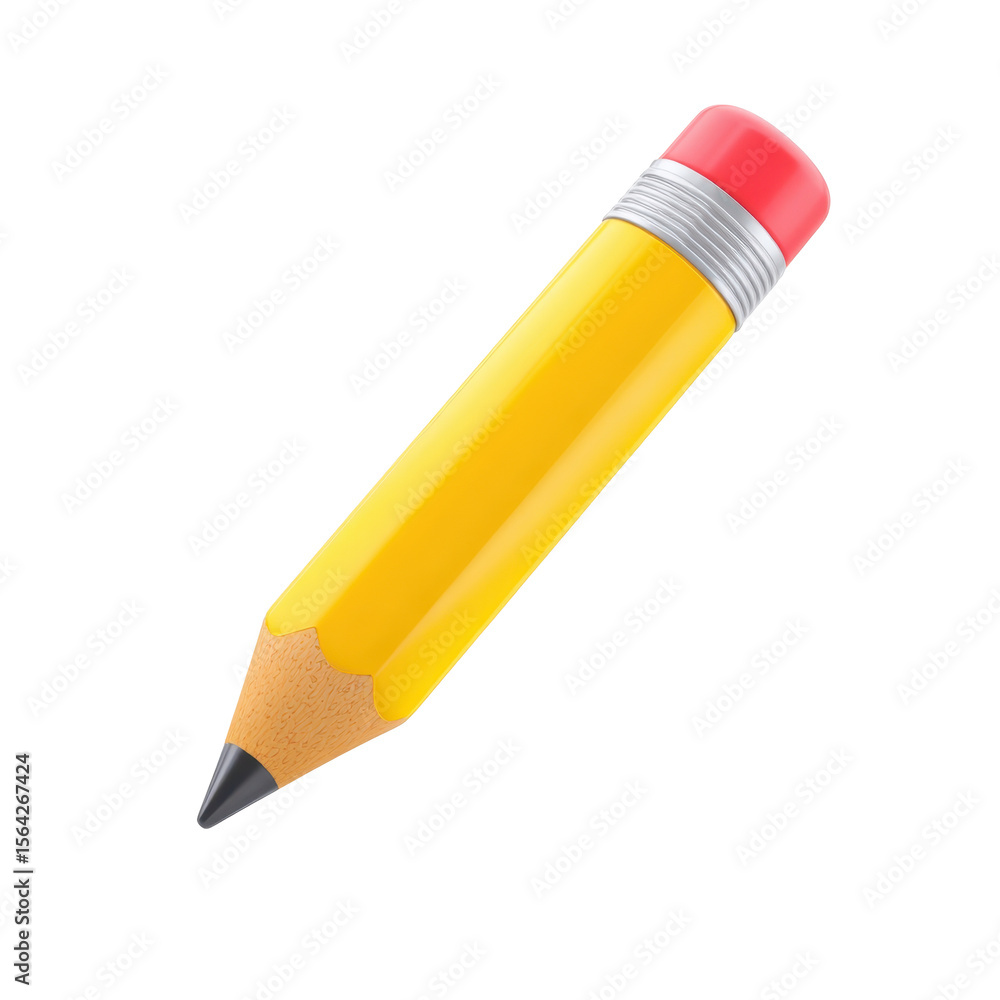 Poster a vibrantly yellow 3d icon representing a sharpened pencil with a red eraser and silver ferrule on a