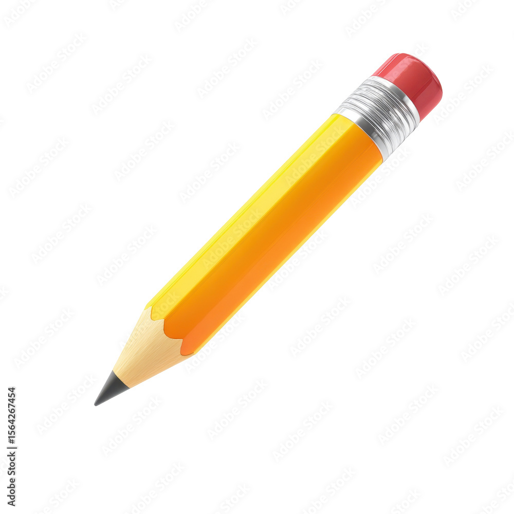 Poster a 3d icon of a yellow pencil with a red eraser on a transparent png background ready for editing and