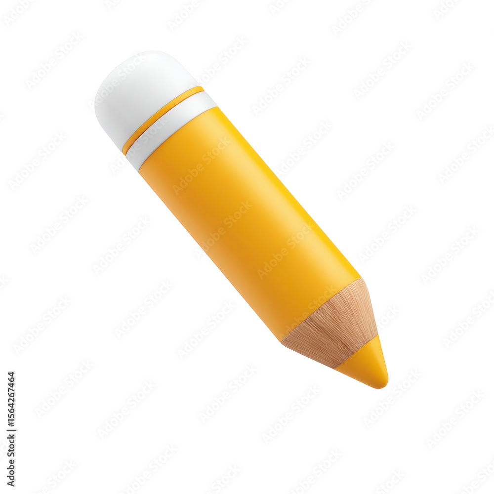 Poster a detailed 3d icon representing a yellow pencil with a white eraser and a metal band for editing and