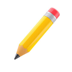 A vibrantly yellow 3d icon representing a sharpened pencil with a red eraser and silver ferrule on a transparent background ideal for creative editing and design projects