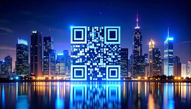 Cityscape QR Code: Futuristic Night Skyline - Powered by Adobe