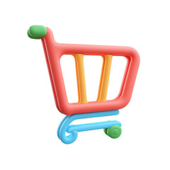 A vibrant and playful 3D icon featuring a stylized shopping cart rendered in a cheerful color palette suitable for e-commerce and online retail platforms