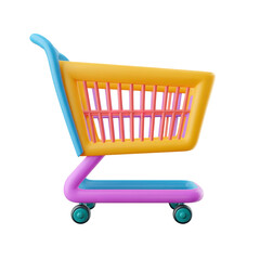 Vibrant 3D rendered shopping cart icon with a playful yellow orange and pink basket and blue handles on a transparent background for e-commerce and online shopping applications