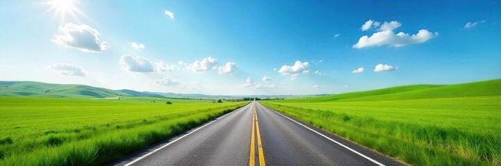 Fototapeta premium Serene Country Road Winding Towards a Distant Horizon Under a Vast Blue Sky, Rolling Hills and Lush Green Fields Create a Picturesque Landscape Ideal for Travel and Nature Photography