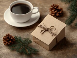 Cozy Holiday Morning: Gift Box, Coffee, Pine Cones, and Evergreen Branch
