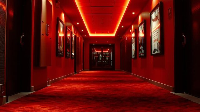 Interior of a red movie theater hallway with movie posters