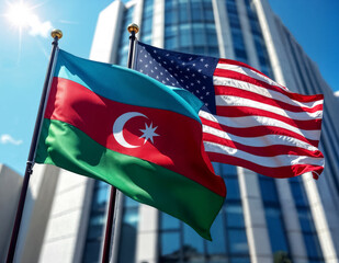 US and Azerbaijani flags flutter in the wind in front of the modern embassy building