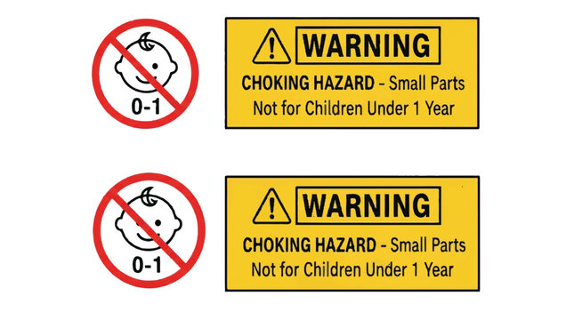 Choking hazard warning labels with text "WARNING CHOKING HAZARD - Small Parts Not for Children Under 1 Year"
