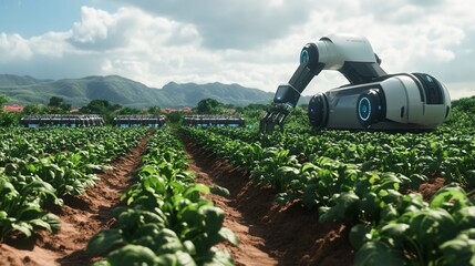 Futuristic agriculture: Robotic harvester working in a lush field of spinach