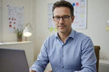 デスクでパソコンに向かい、こちらに笑顔を向ける男性ビジネスパーソン。メガネをかけ、明るく開放的なオフィスで働く彼のポジティブな姿勢が印象的。