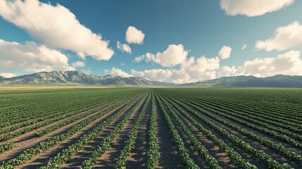 Picturesque cultivated field with precise crop rows and mountainous backdrop