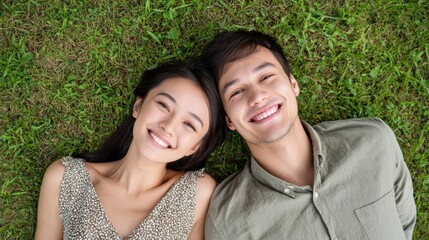 Fototapeta premium Top view of a smiling young couple relaxing on lush green grass